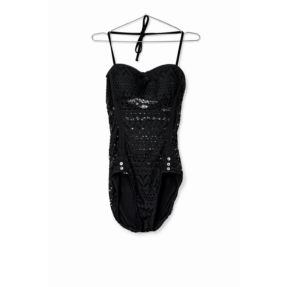 Robin Piccone Black Crochet Lace Halter One Piece Swimsuit 120311 Size 6